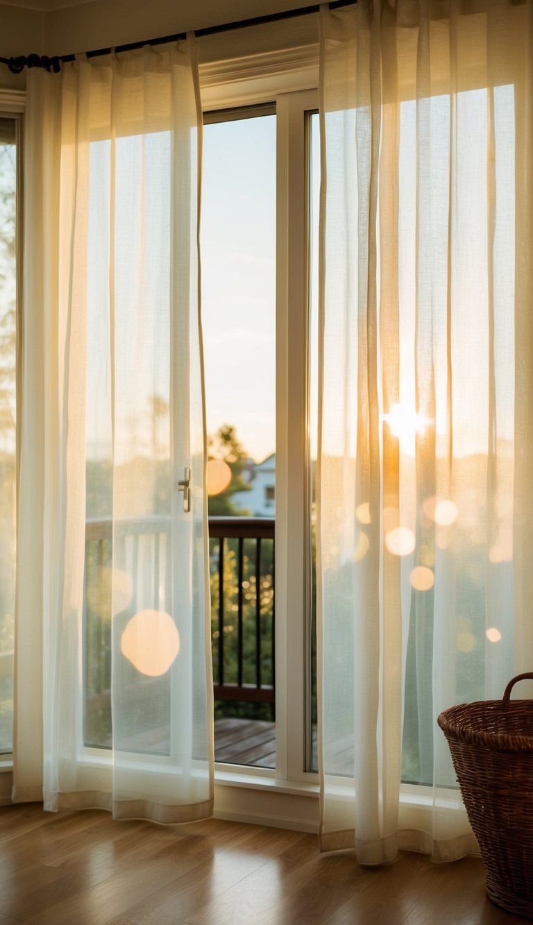 Translucent curtains filter gentle sunlight into a cozy sunroom