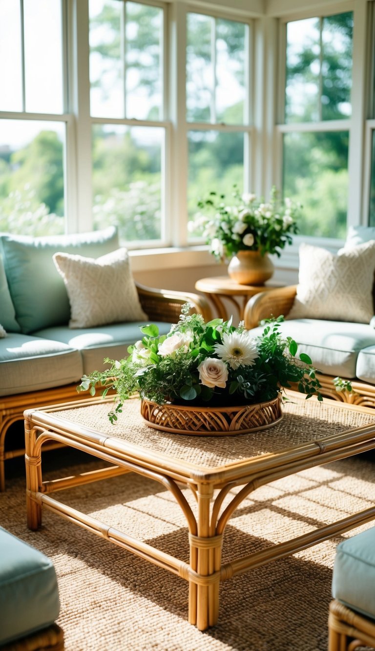 A rattan coffee table with a lush centerpiece of greenery and flowers, surrounded by cozy seating and bathed in natural sunlight in a sunroom