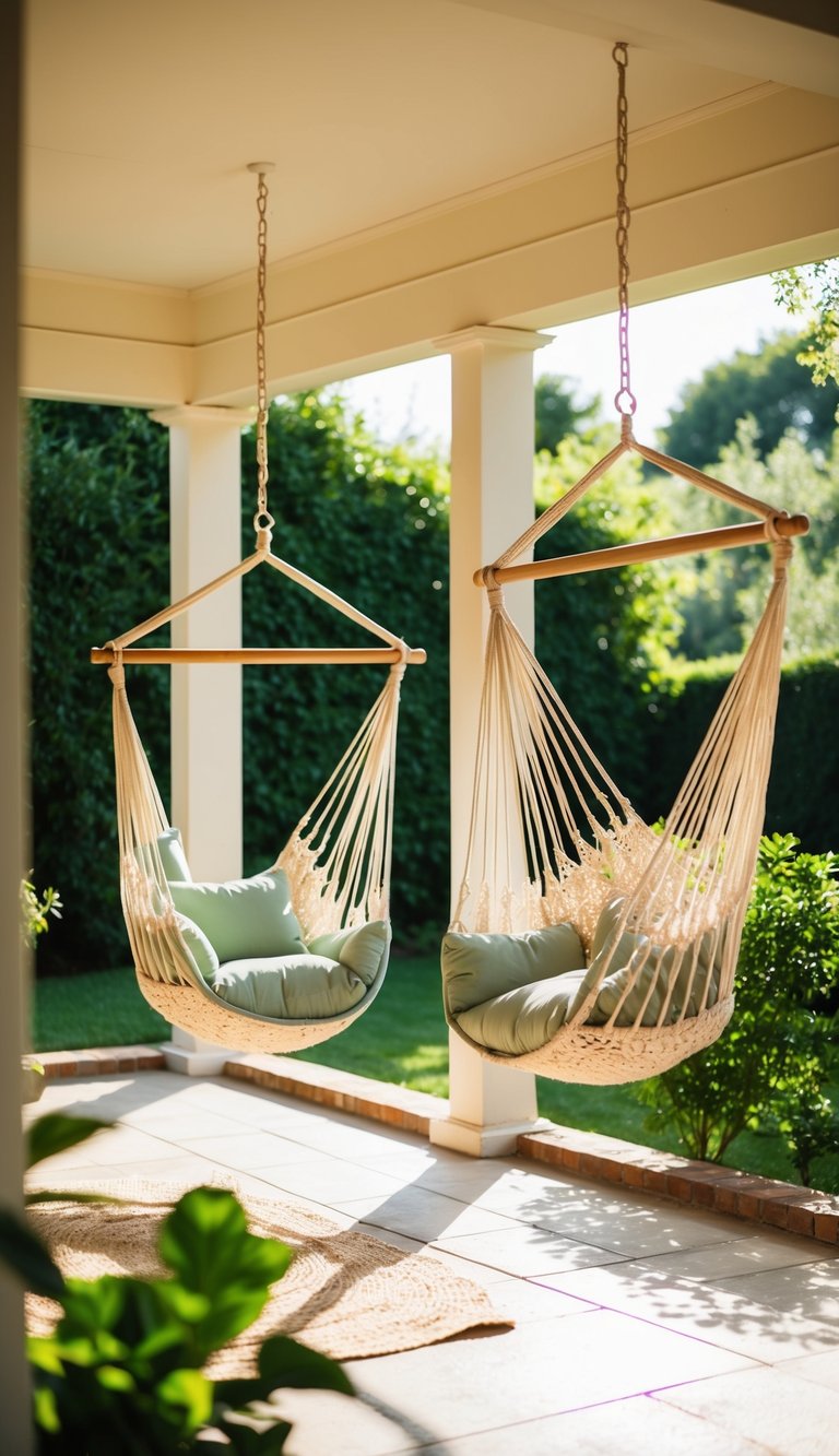 Two cozy hammock chairs suspended in a sunlit sunroom, surrounded by lush greenery and soft, warm lighting