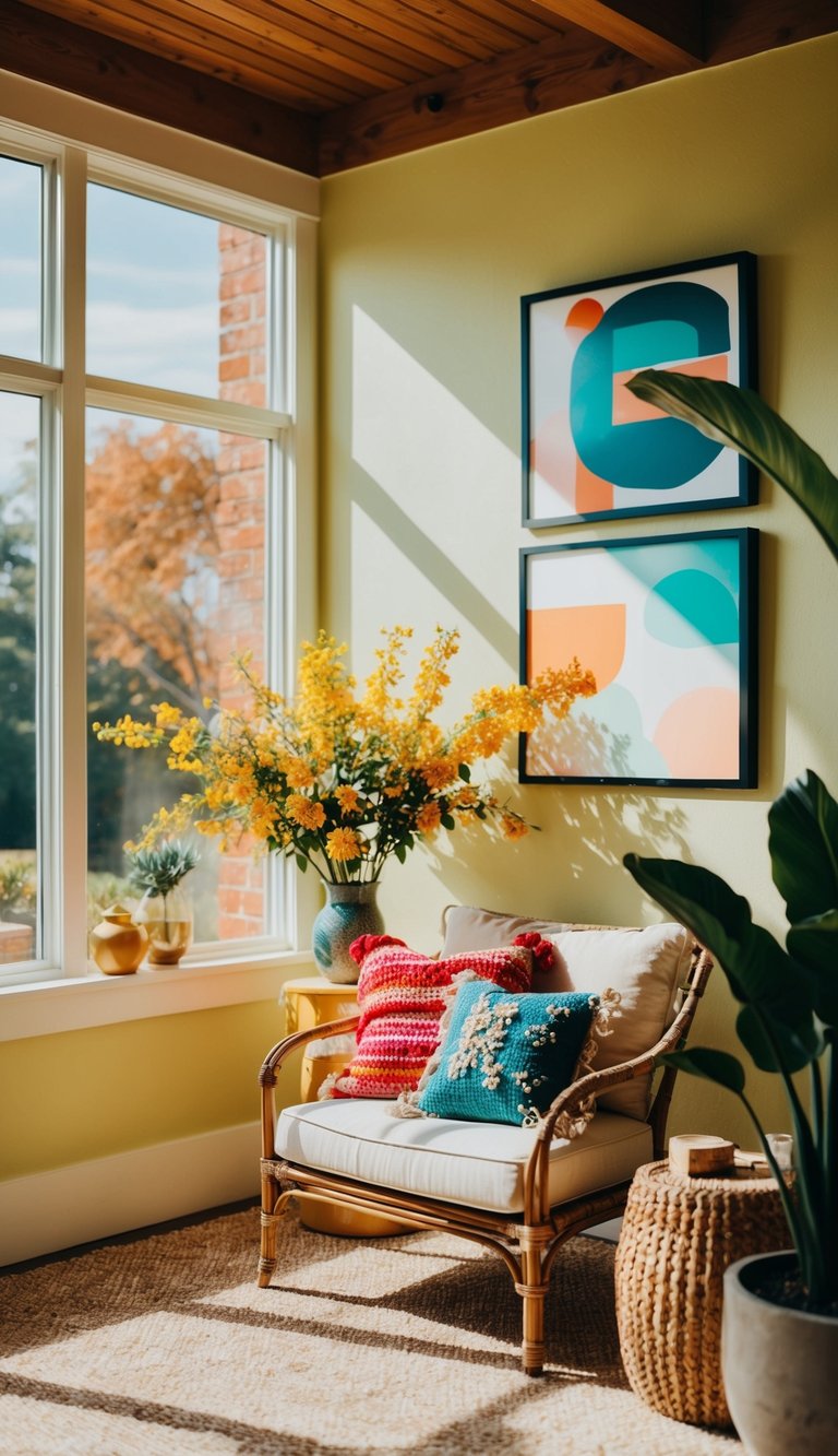 A sun-drenched sunroom with vibrant statement wall art and cozy decor