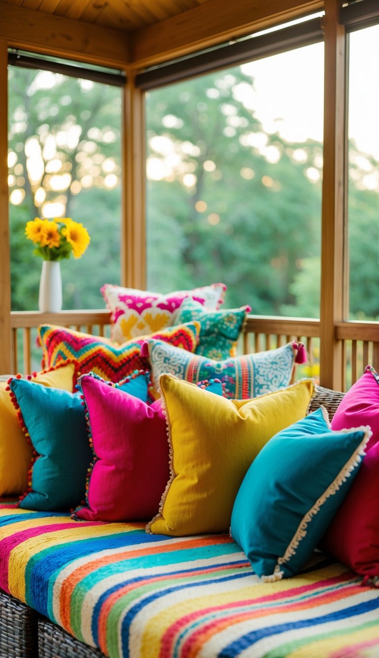 A sunroom adorned with multicolored throw pillows, creating a vibrant and cozy atmosphere