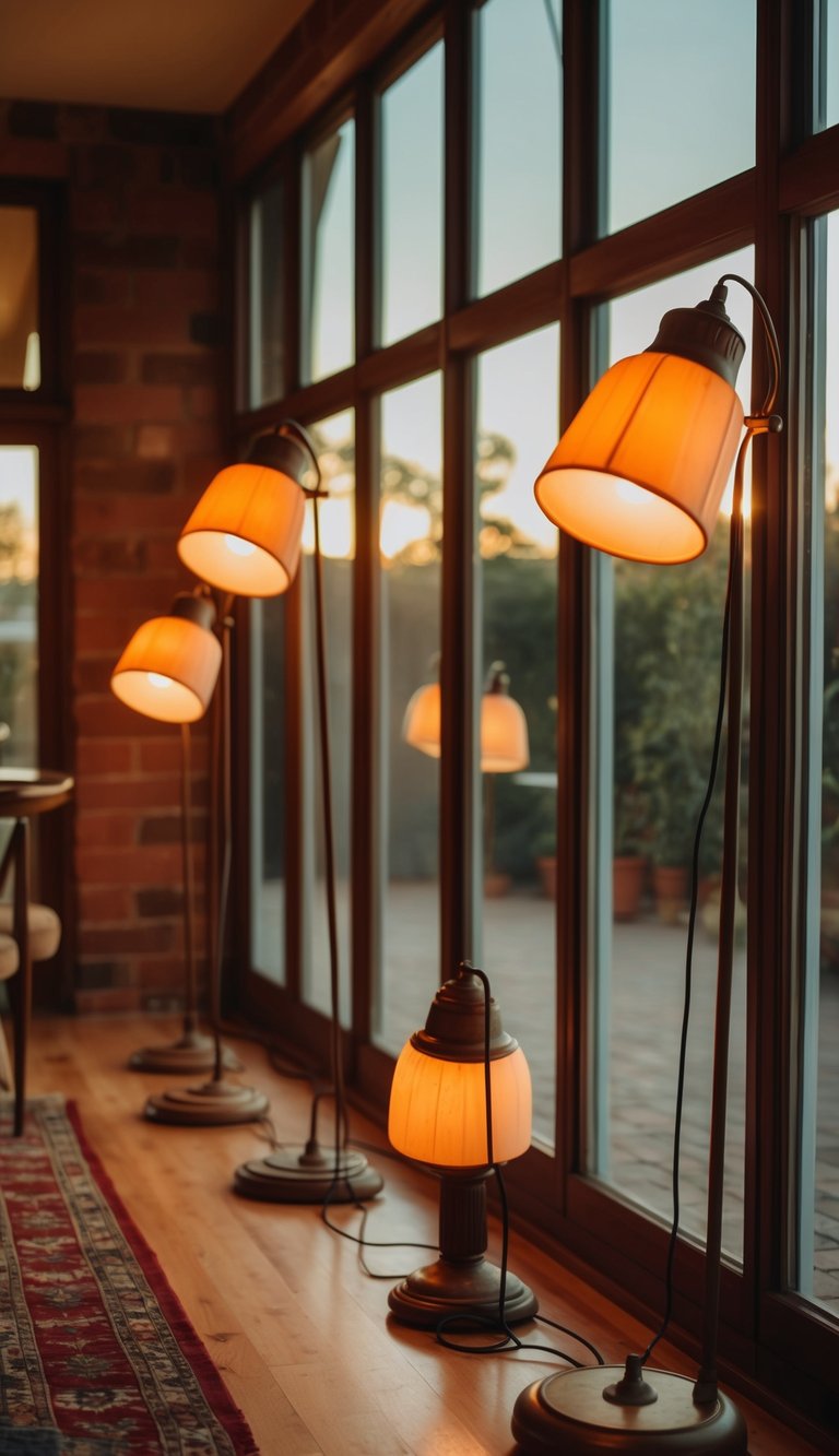 A sunroom filled with vintage floor lamps casting warm, ambient light