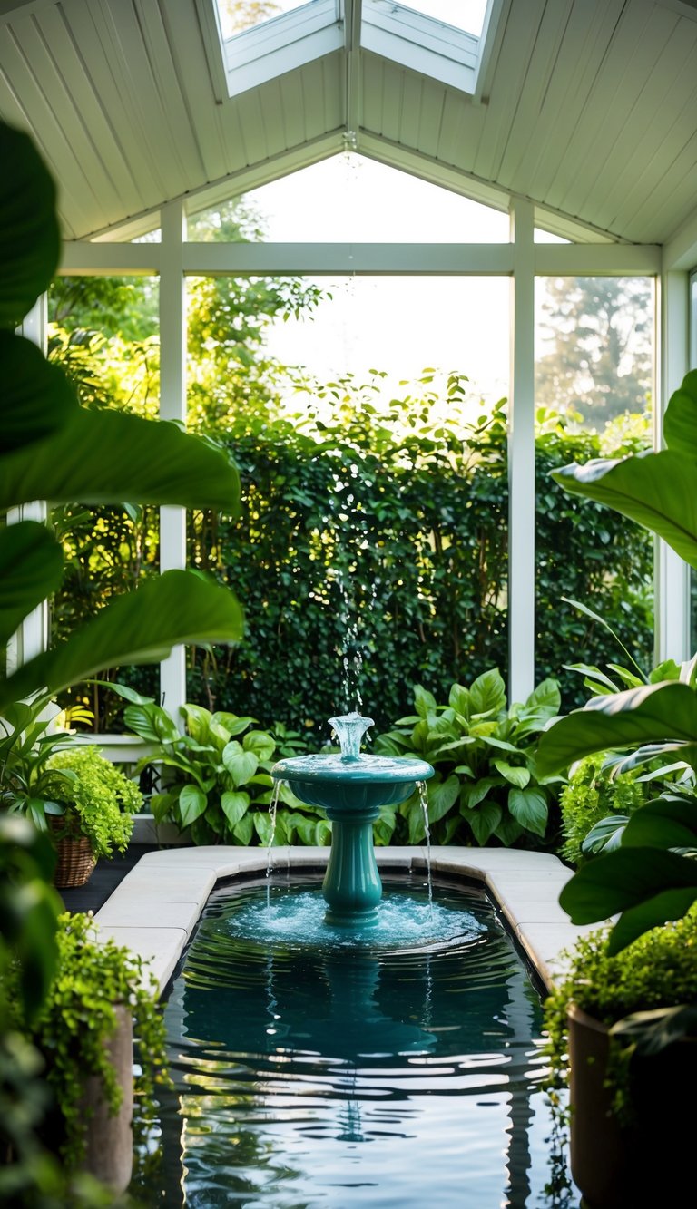 A serene sunroom features a tranquil indoor water fountain surrounded by lush greenery and natural light, adding a touch of tranquility to the space