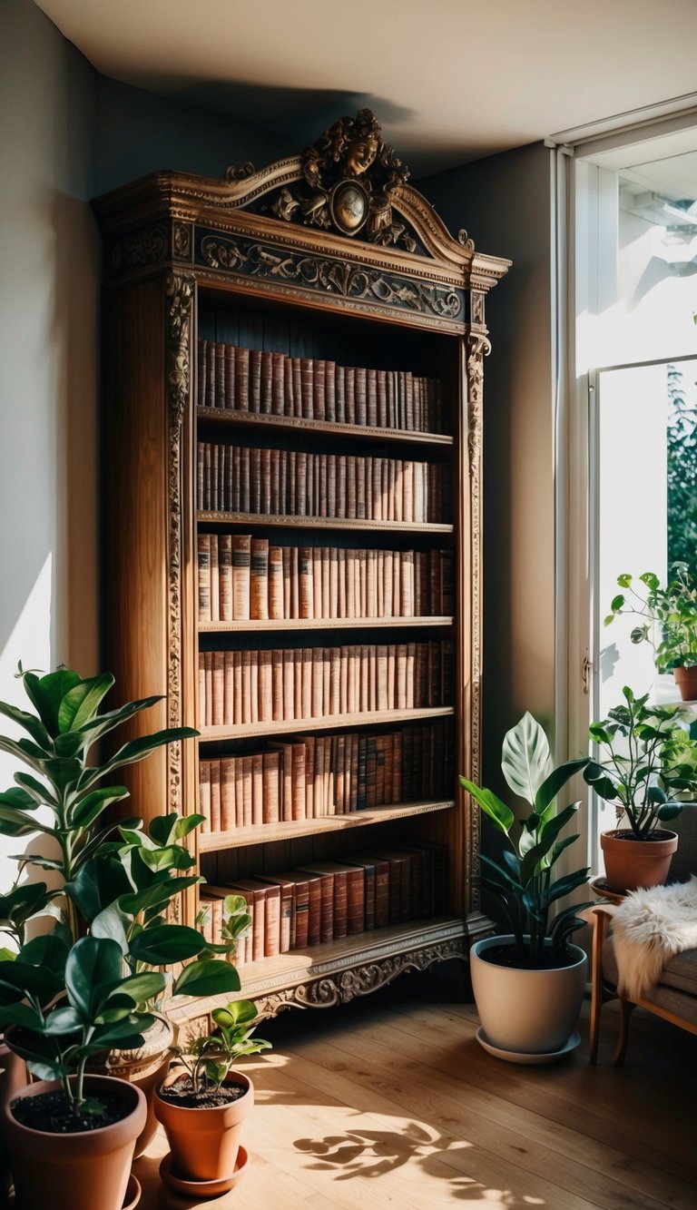 An ornate antique bookcase fills a sunlit corner, surrounded by potted plants and cozy seating