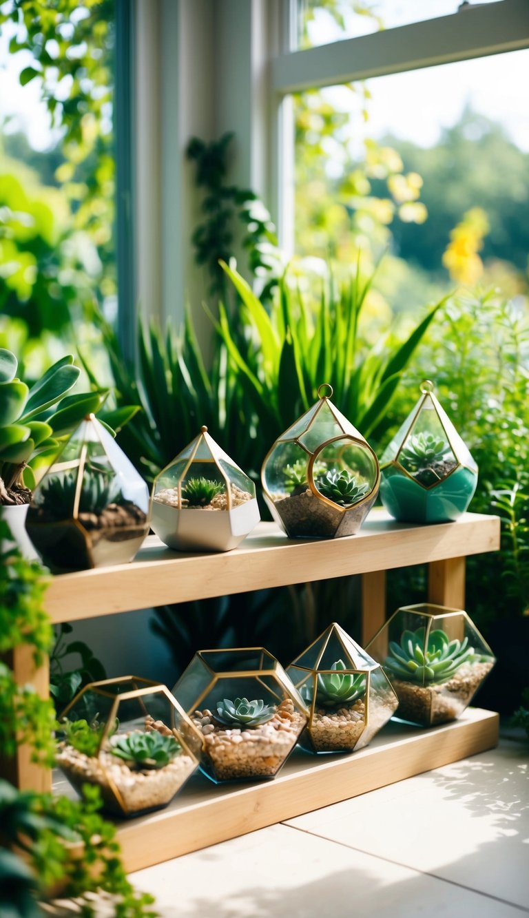 A variety of succulent terrariums arranged on shelves in a sunroom, surrounded by lush greenery and natural light