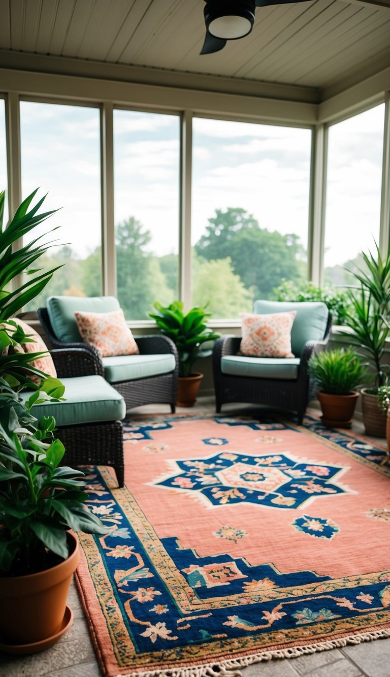 A cozy sunroom with a colorful, patterned area rug, surrounded by potted plants and comfortable seating