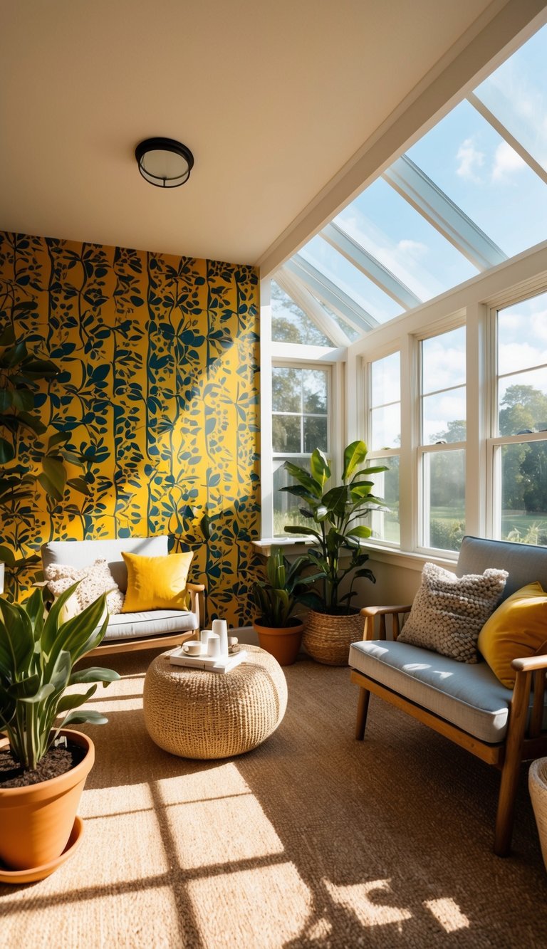 A sunlit sunroom with a bold wallpaper accent wall, filled with cozy furniture and potted plants, creating a bright and inviting space