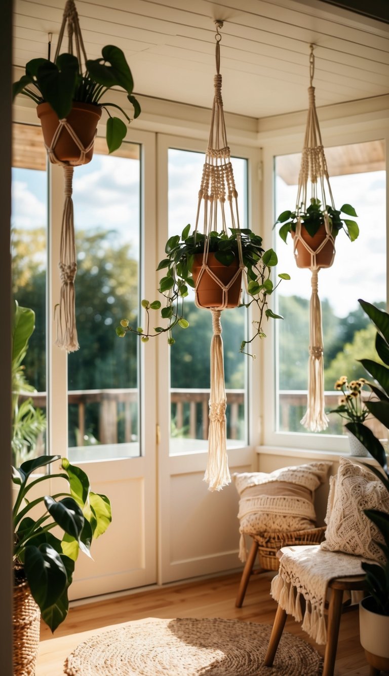 A sunlit sunroom filled with hanging macrame plant hangers, adding a bohemian touch to the cozy space