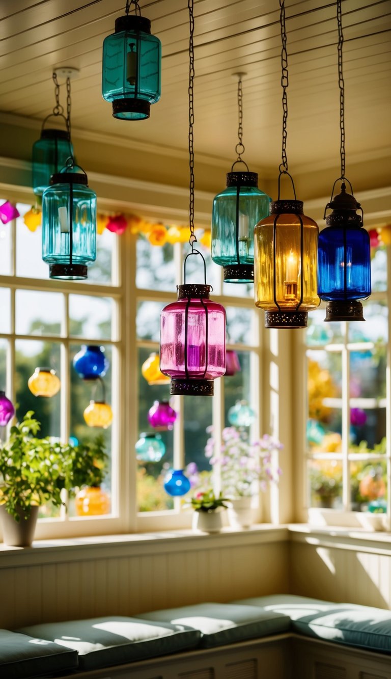 A sunlit sunroom filled with glass lantern decorations hanging from the ceiling, casting colorful patterns across the room