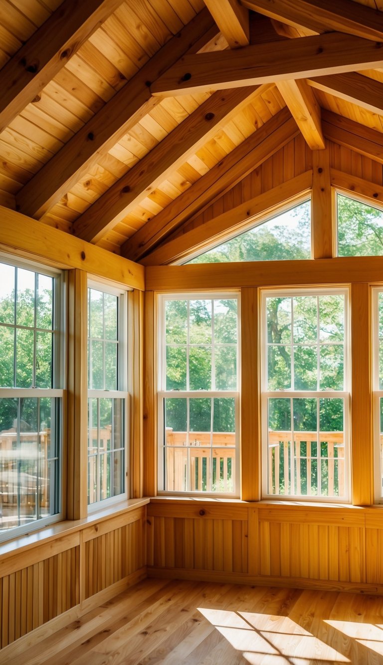 Sunlight streams through the windows onto a sunroom with natural wood ceiling beams, creating a warm and inviting space