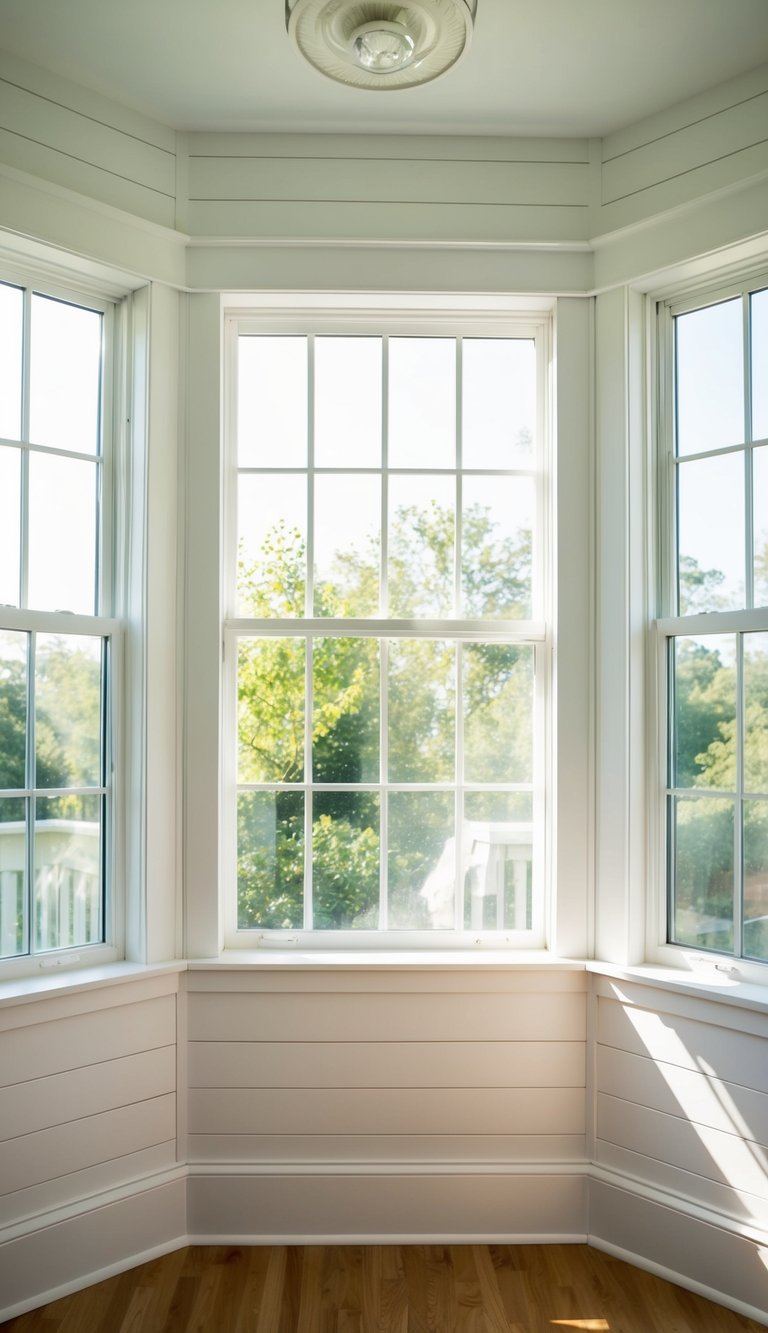 Sunlight streams through large windows onto white shiplap walls, creating a bright and airy sunroom