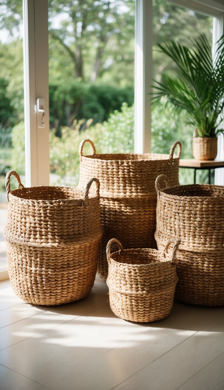 Woven seagrass baskets arranged in a sunroom with natural light and greenery