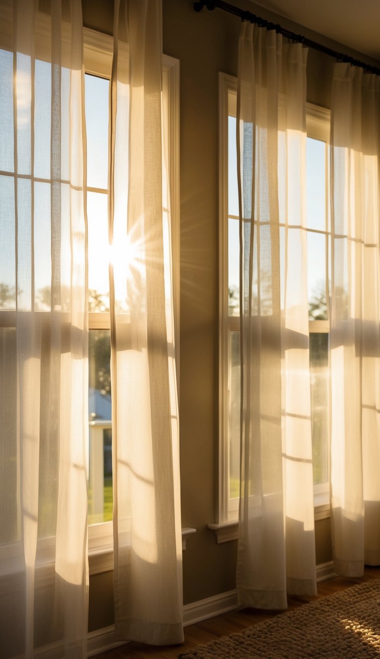 Sunlight streaming through sheer window drapes into a cozy sunroom