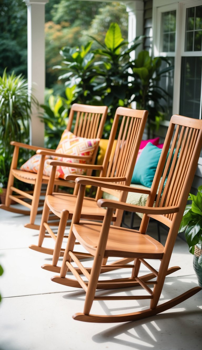 Teak wood rocking chairs arranged in a sunlit sunroom surrounded by lush green plants and colorful throw pillows