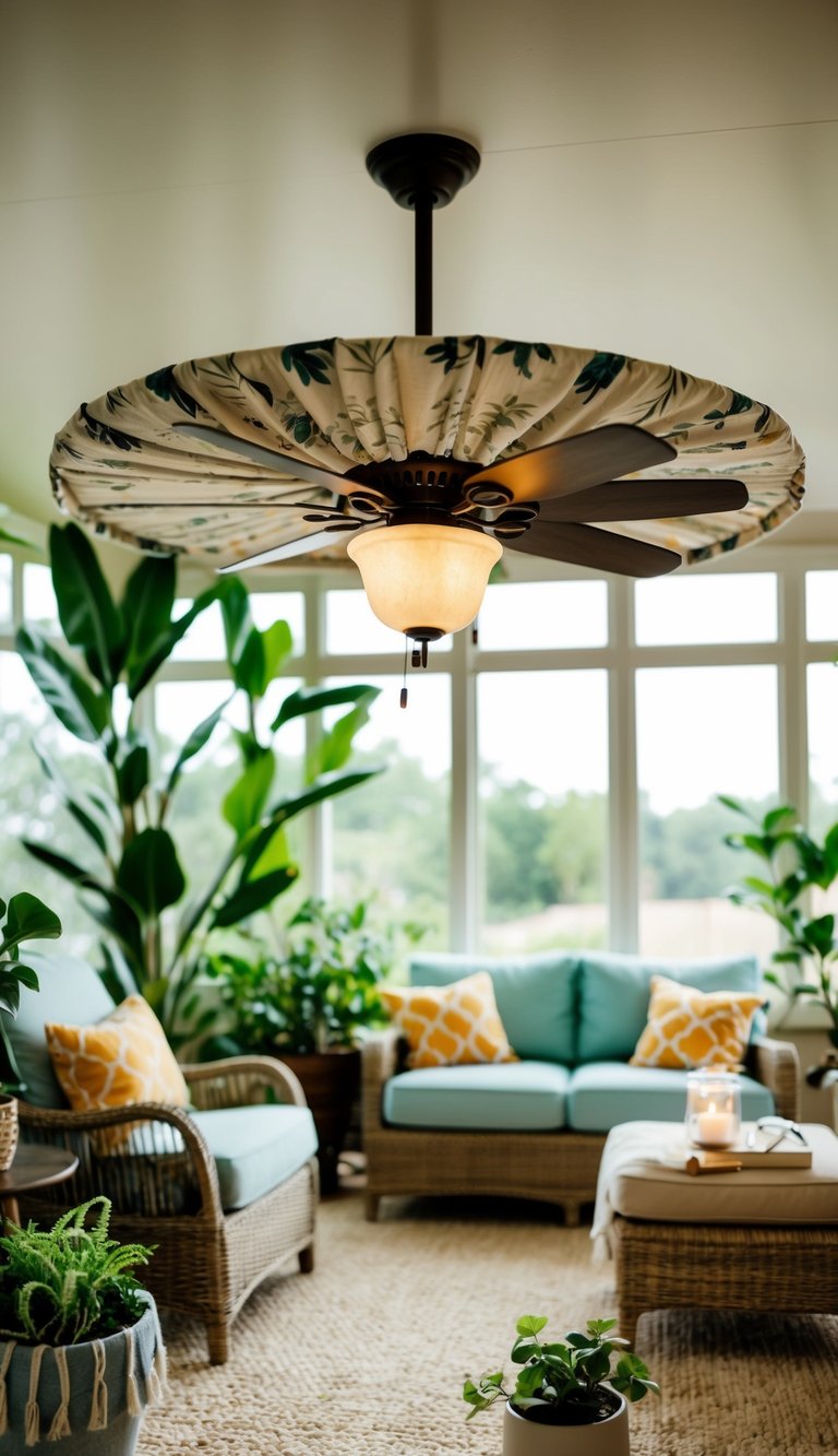 A fabric-covered ceiling fan hangs in a sunroom surrounded by plants and cozy furniture