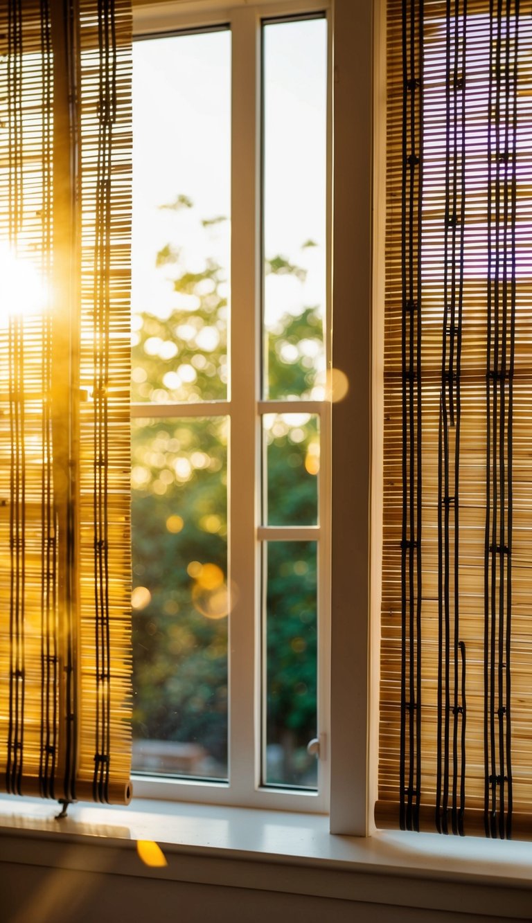 Sunlight filters through bamboo blinds in a sunroom, casting a warm, dappled glow on the space