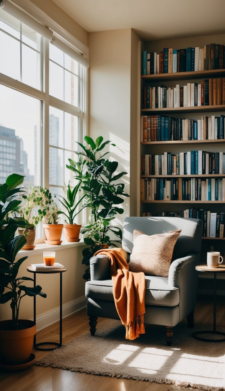 A sunlit reading nook with a comfy armchair, surrounded by potted plants and shelves of books, with a warm throw blanket and a side table for a hot drink