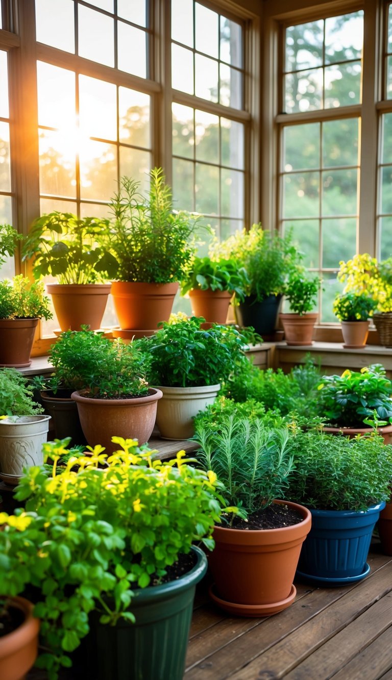 A cozy four-season sunroom filled with lush green herbs in various pots and planters, basking in the warm sunlight filtering through the large windows