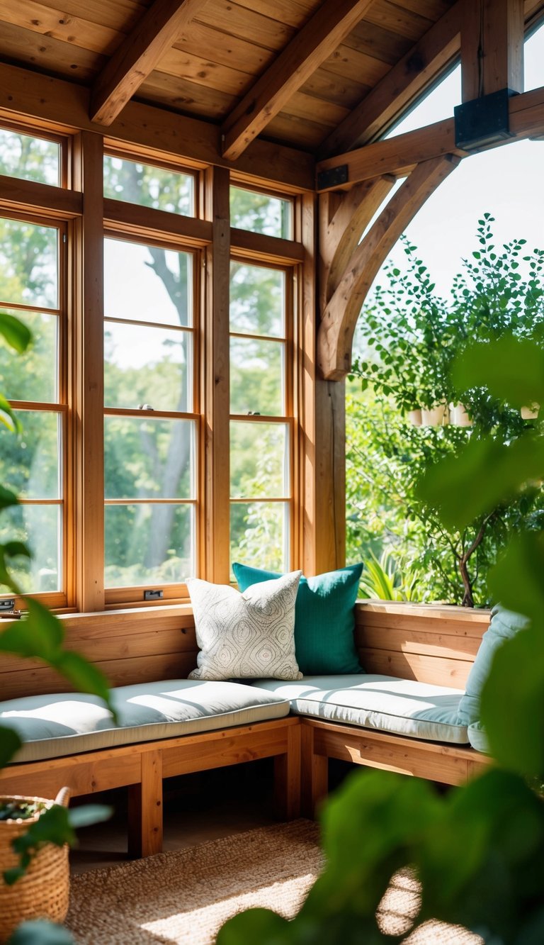 A cozy sunroom with rustic wooden beams, flooded with natural light and surrounded by greenery