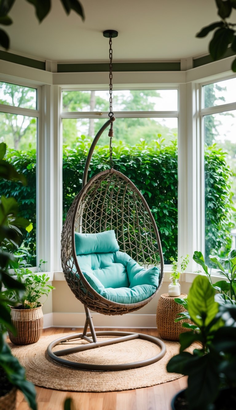 A cozy sunroom with a hanging egg chair surrounded by lush greenery and filled with natural light