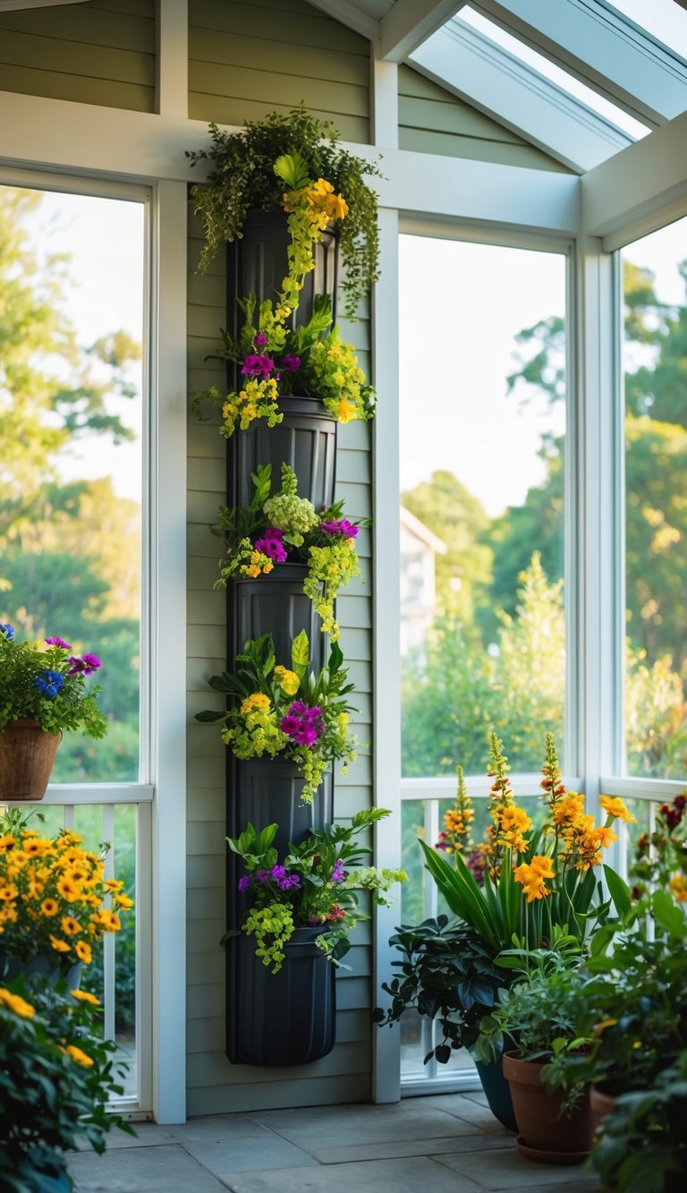 A sunlit four-season sunroom with a vertical wall planter filled with lush greenery and colorful flowers, creating a serene and inviting atmosphere