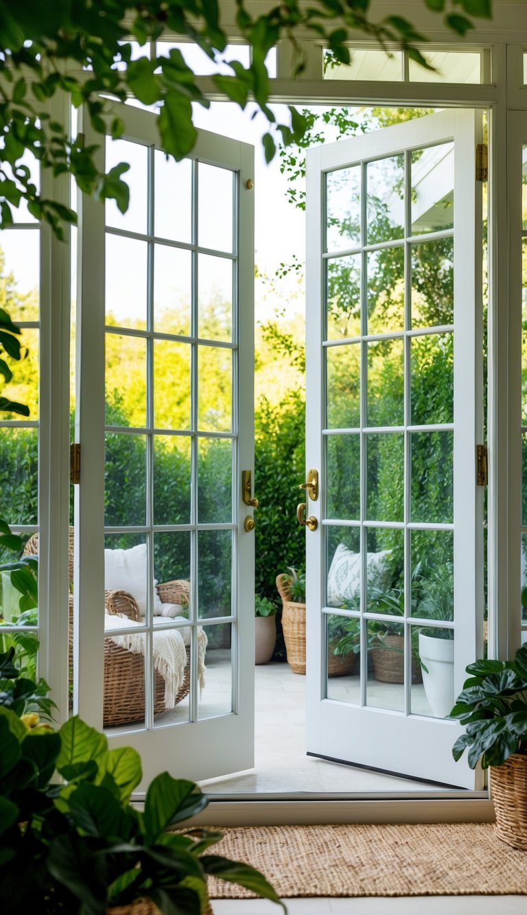 A bright sunroom with glass paneled doors, surrounded by lush greenery and filled with cozy furniture and plants