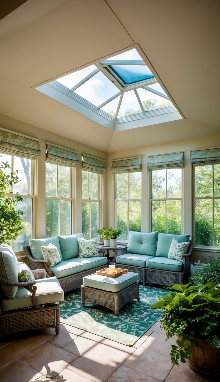 A cozy four-season sunroom with a retractable skylight, flooded with natural light and surrounded by lush greenery and comfortable seating