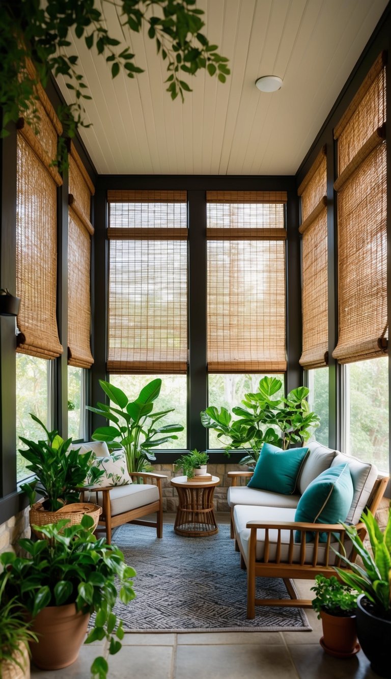 A cozy four-season sunroom with bamboo privacy shades, filled with lush green plants and comfortable seating for relaxation and enjoyment of the natural surroundings