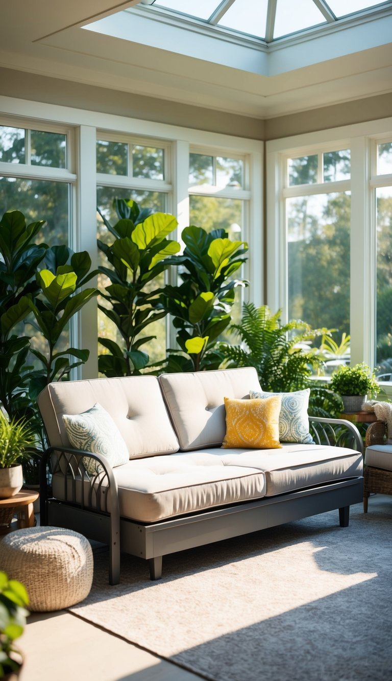 A convertible daybed sits in a sunlit four-season sunroom, surrounded by lush green plants and comfortable seating, creating a cozy and inviting space