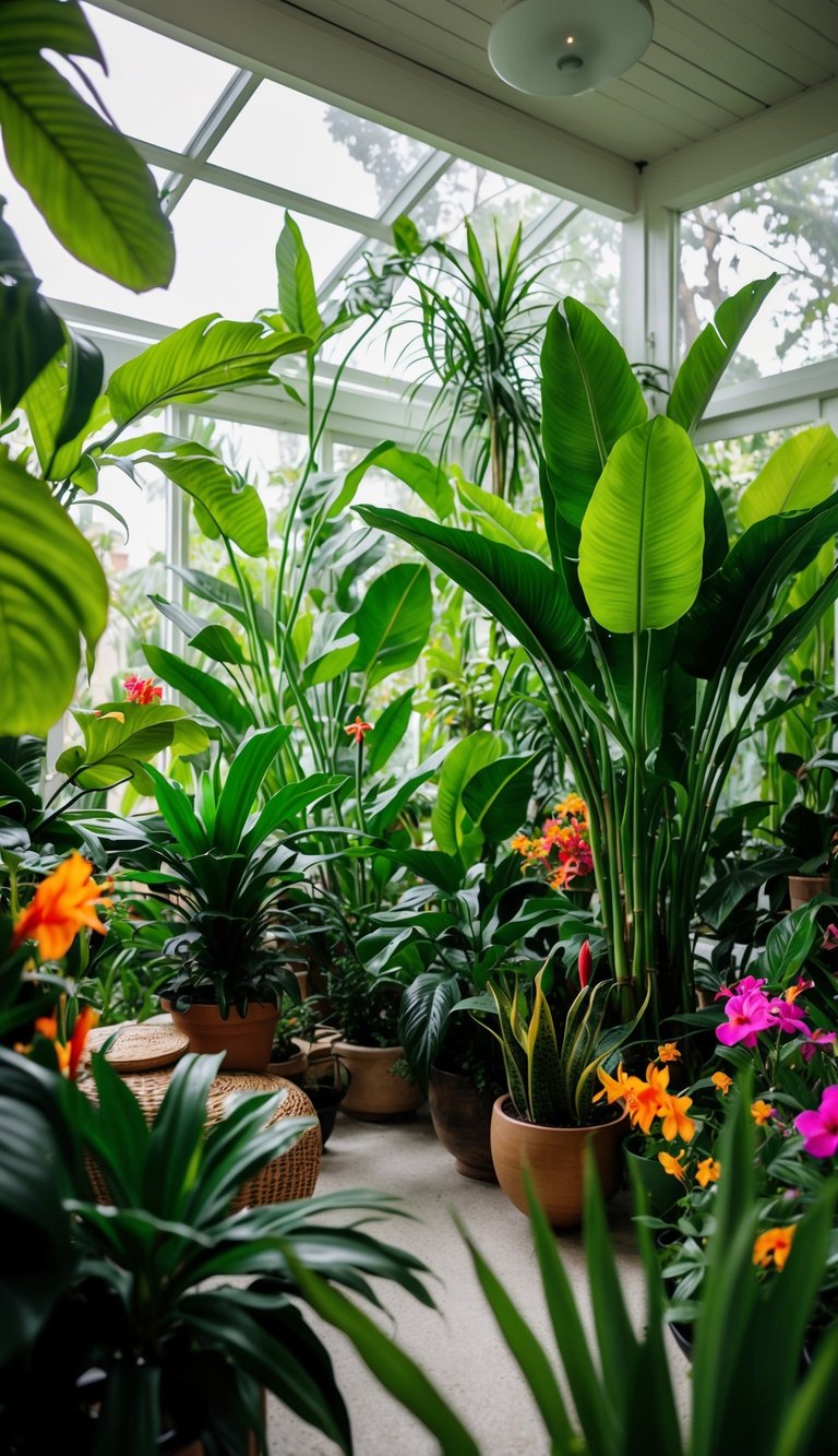 A lush tropical oasis fills a sunroom, with vibrant green plants and colorful flowers creating a serene and exotic atmosphere