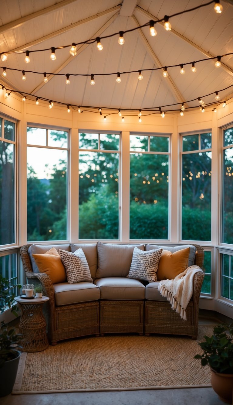 A cozy four-season sunroom with string lights creating a warm and inviting ambiance