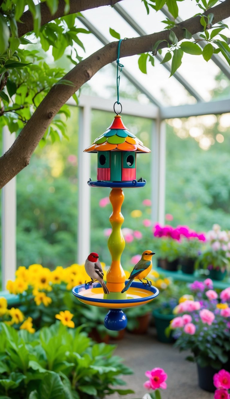 A colorful, whimsical bird feeder hangs from a tree in a sunroom filled with lush greenery and surrounded by blooming flowers