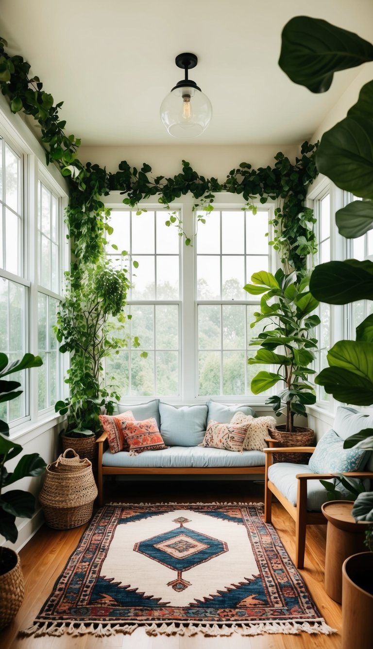 A cozy sunroom with a bohemian area rug, surrounded by lush greenery and large windows, creating a serene and inviting space