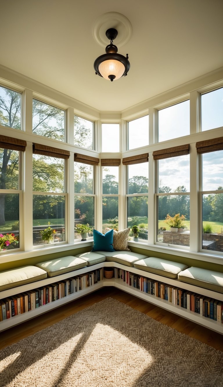 A sunlit four-season sunroom with floating bookshelves showcasing 23 different decor ideas for each season