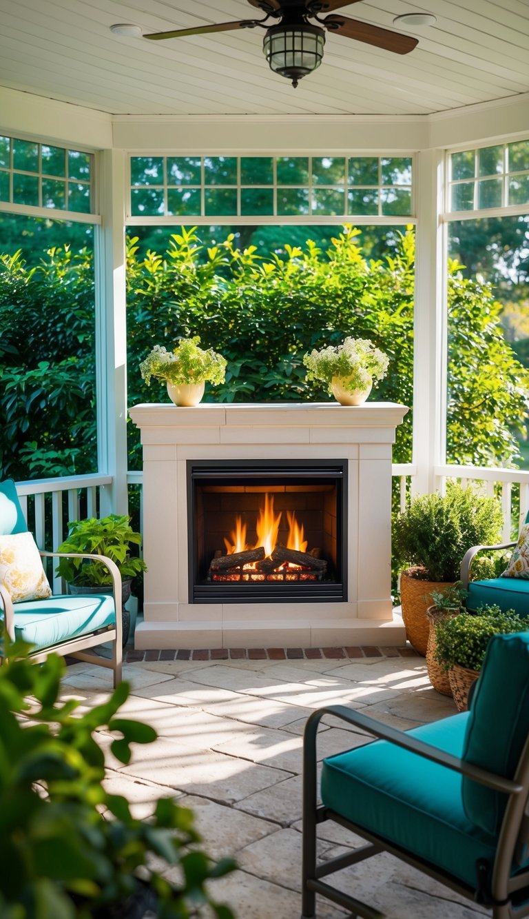 A cozy fireplace insert warms a sunlit four-season sunroom, surrounded by lush greenery and comfortable seating