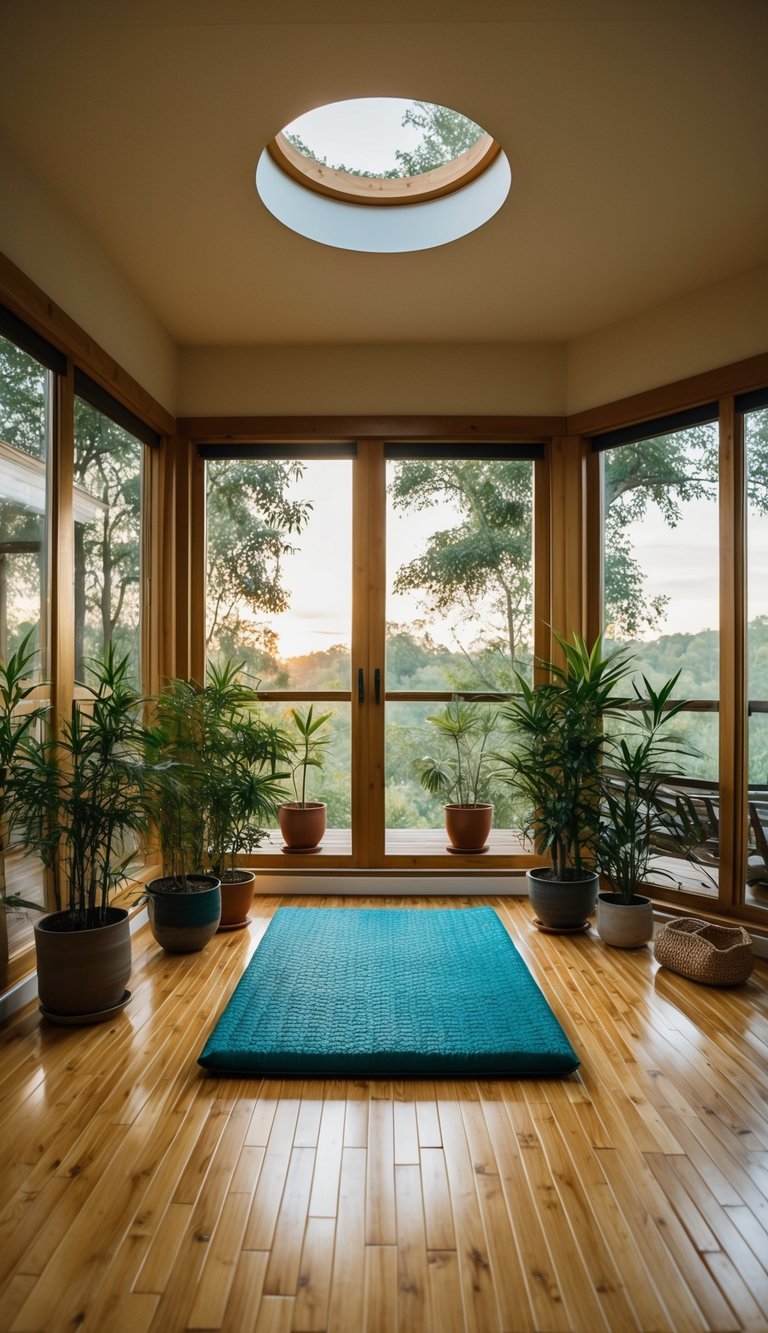 A cozy sunroom with bamboo flooring, potted plants, and a large cushioned meditation mat surrounded by soft natural lighting and tranquil nature views