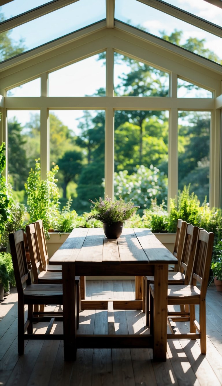 A sunlit four-season sunroom with a reclaimed wood table surrounded by greenery and natural light