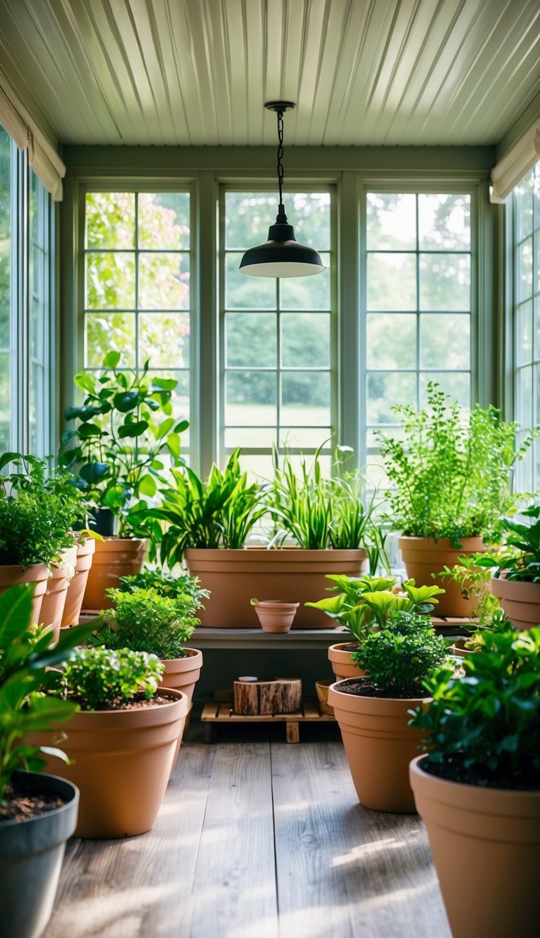 A cozy sunroom filled with self-watering planters, surrounded by lush greenery and bathed in natural light from all four seasons