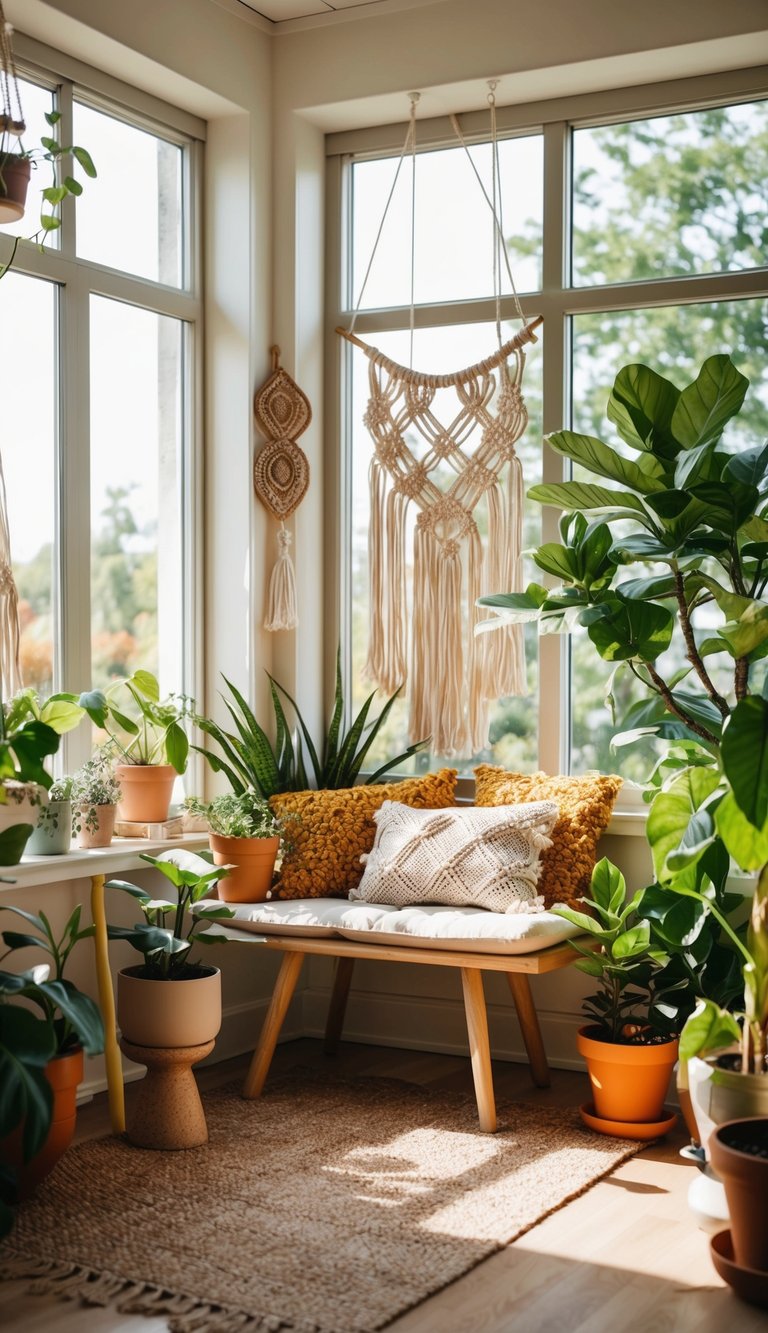 A cozy sunroom with macramé wall art, surrounded by potted plants and filled with natural light