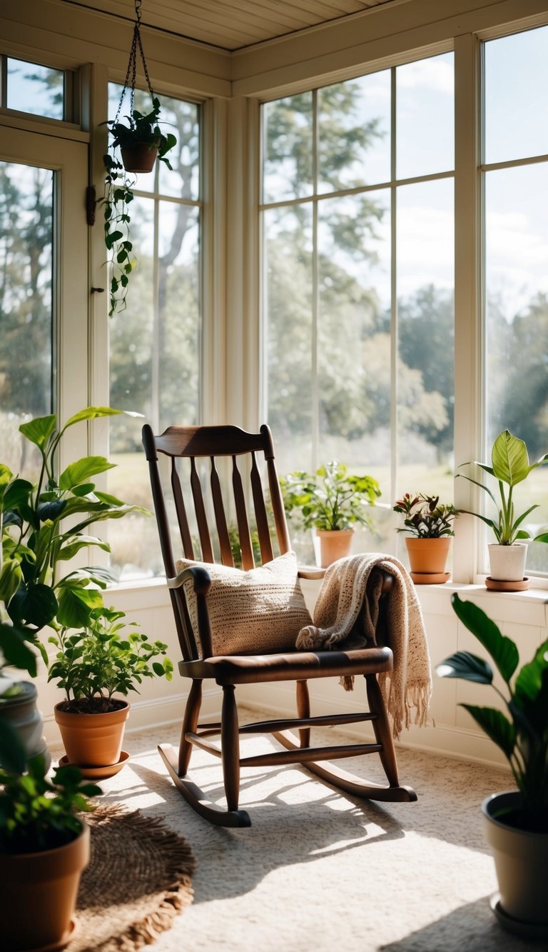 A vintage rocking chair sits in a sunlit four-season sunroom, surrounded by potted plants and a cozy throw blanket