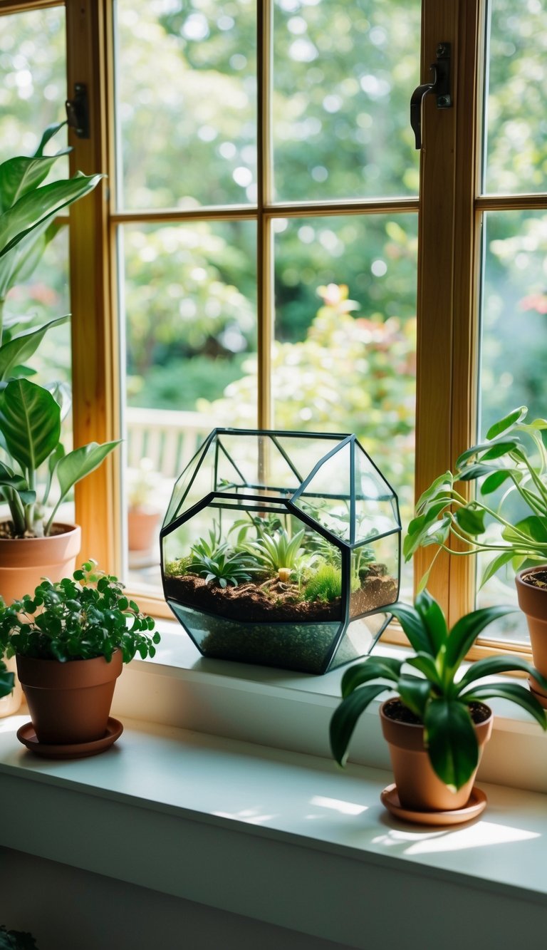 A lush terrarium sits on a sunlit shelf, surrounded by potted plants and bathed in natural light from the four-season sunroom