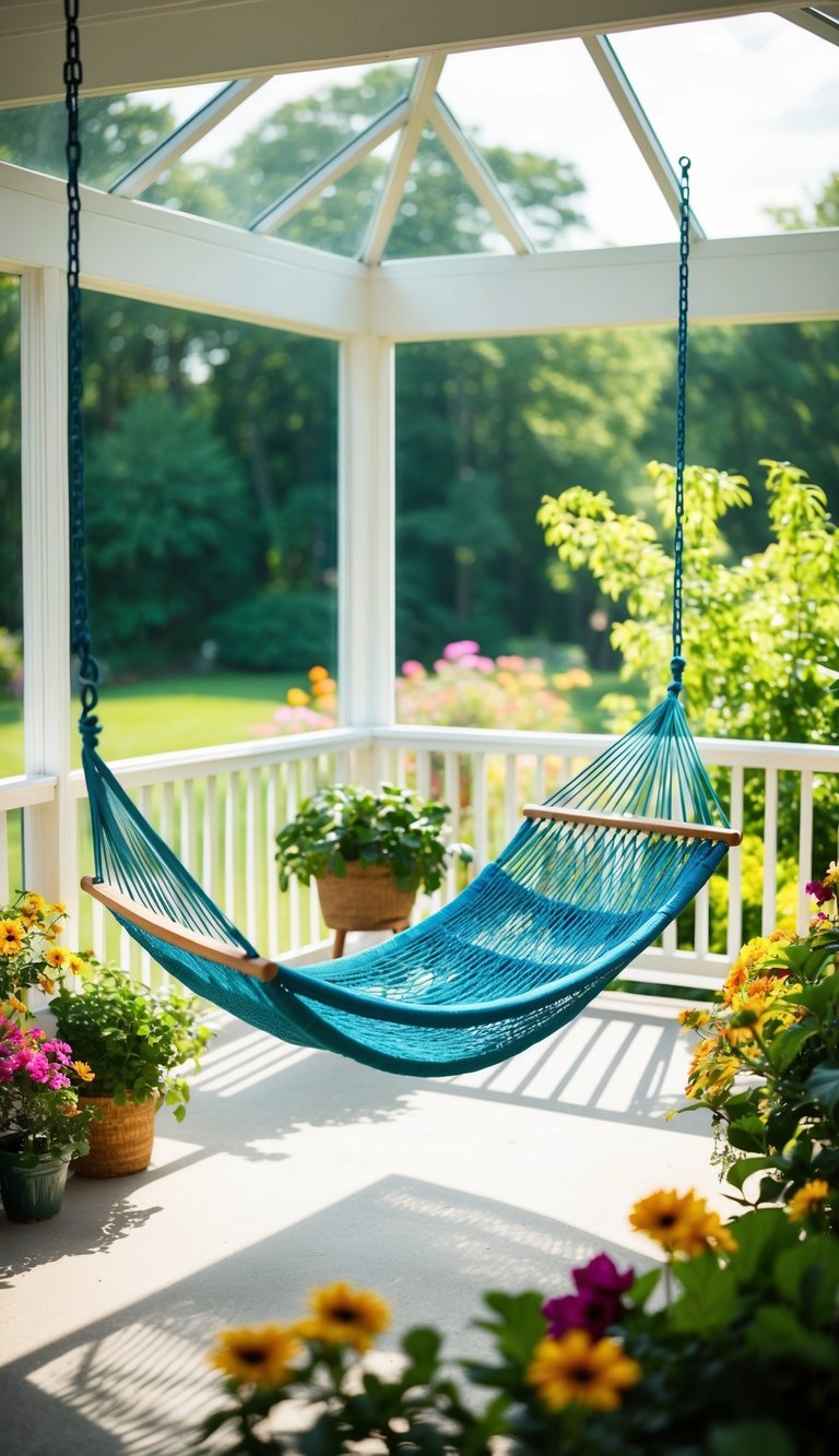 A hammock swings in a sunlit four-season sunroom, surrounded by lush greenery and colorful flowers