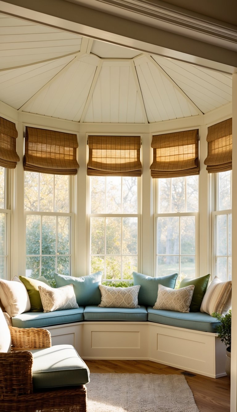 A cozy four-season sunroom with Roman blinds, allowing natural light to filter in, creating a warm and inviting atmosphere