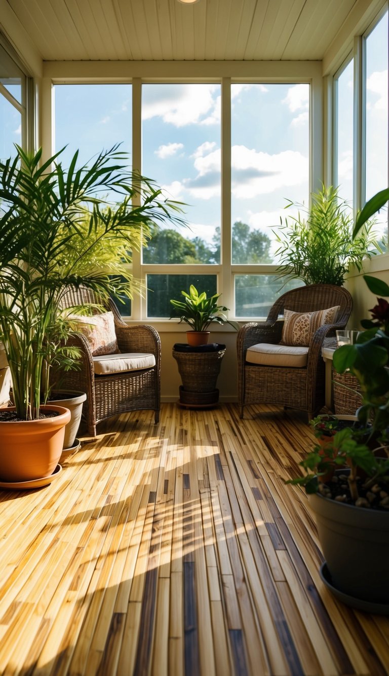 A sunlit sunroom with bamboo flooring, surrounded by potted plants and wicker furniture