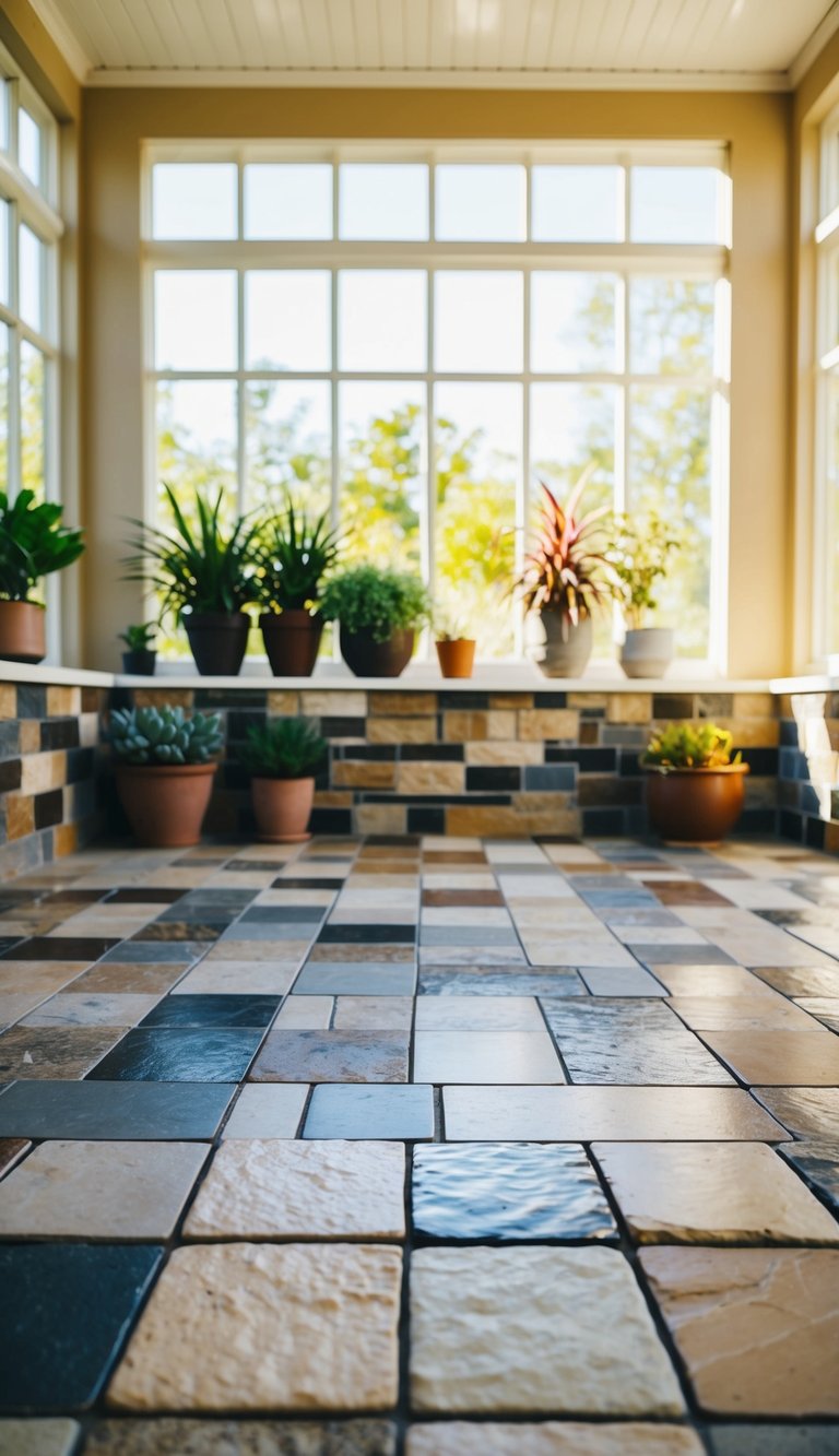 A sunlit sunroom with 23 different natural stone tiles arranged in a pattern on the floor