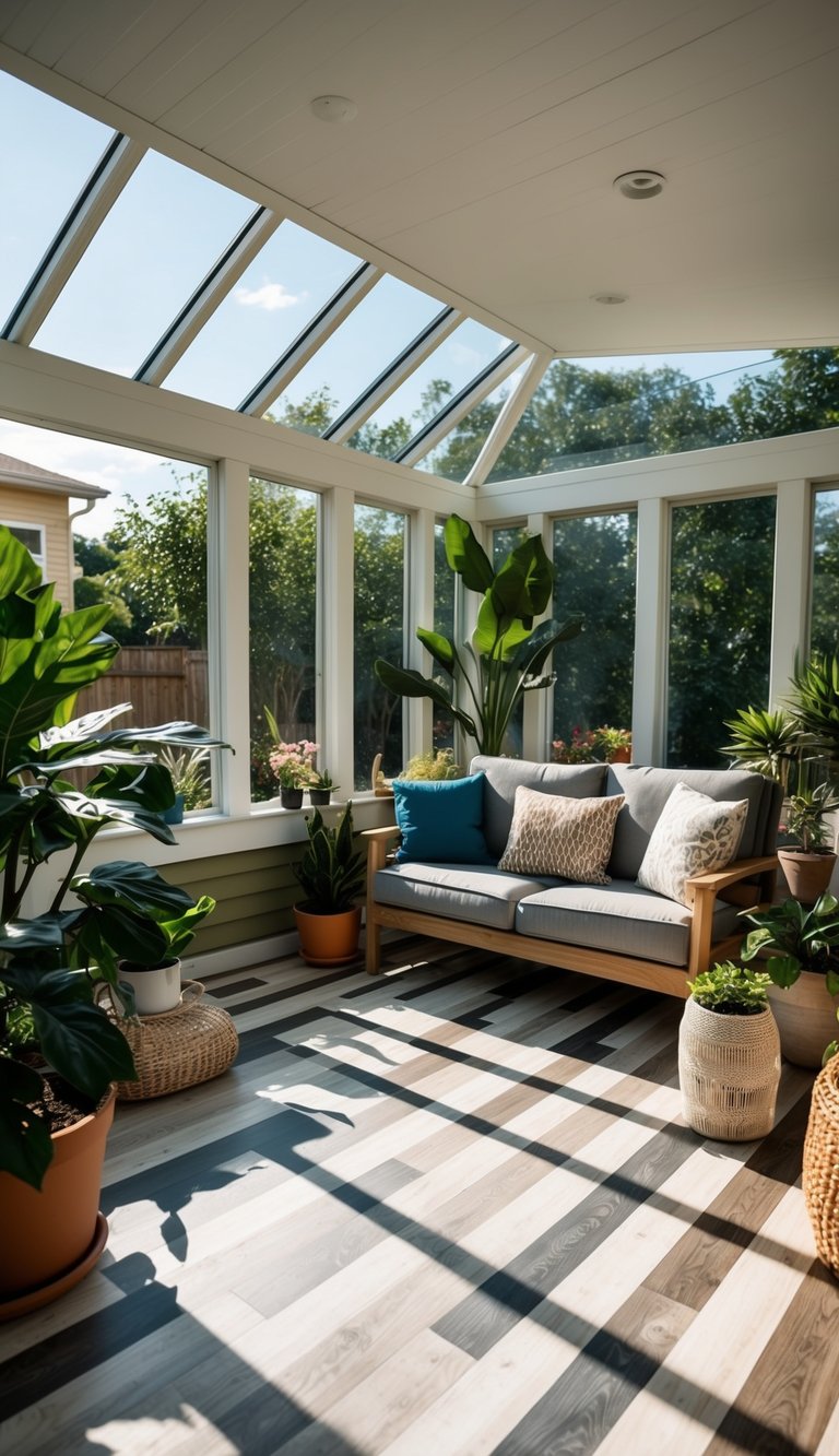 A sunlit sunroom with luxury vinyl planks in various shades and patterns, surrounded by plants and comfortable seating