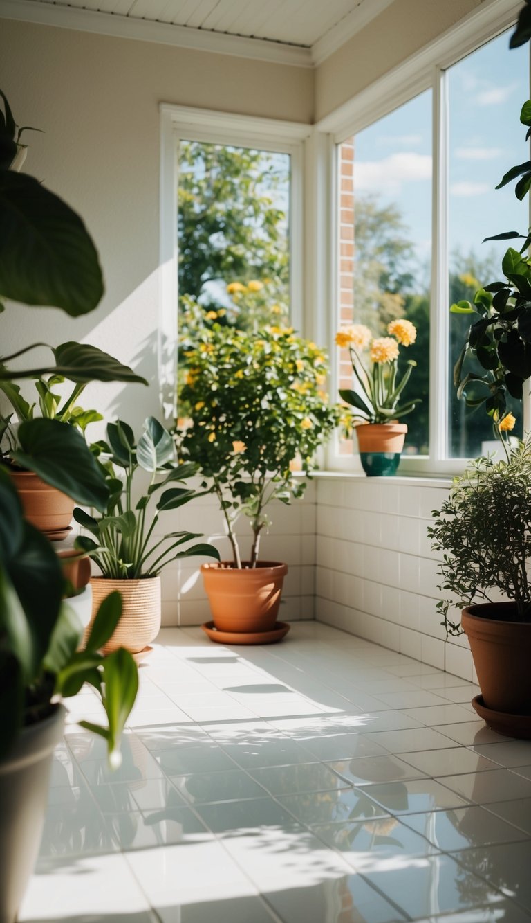 A sunlit sunroom with white porcelain tiles and potted plants