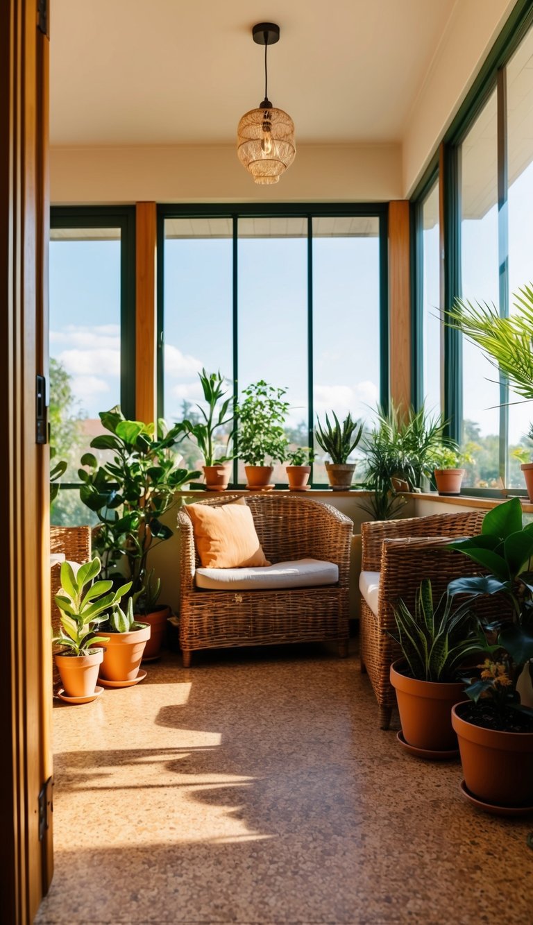 A sunlit sunroom with cork flooring, surrounded by potted plants and wicker furniture