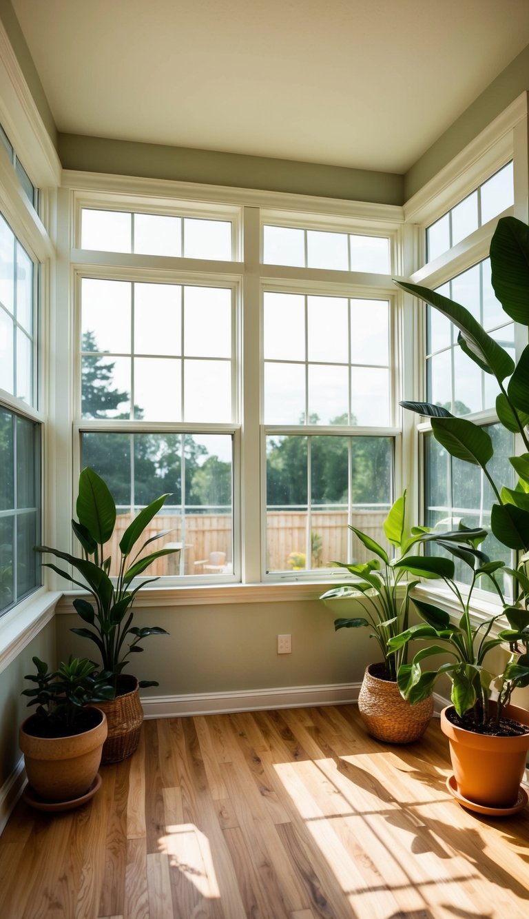 A sunlit sunroom with engineered hardwood flooring, surrounded by large windows and potted plants