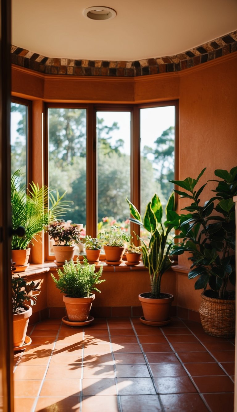 A sunlit sunroom with warm terra cotta tiles and potted plants, creating a cozy and inviting atmosphere